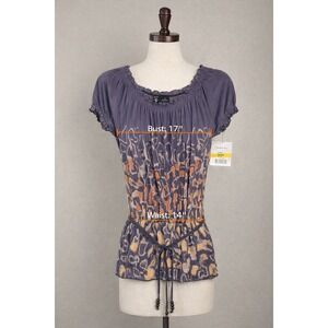 Relativity Womens Small Sheer Abstract Print Peasant Blouse Cinch Waist Top Boho